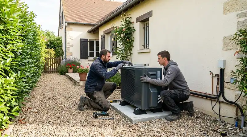 Installateur raccordant l'unité extérieure d'une pompe à chaleur dans le Charente